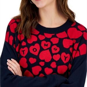 Tommy Hilfiger NWT Fine Knit Soft Cotton Red/Navy Heart Valentine Sweater Sz XL